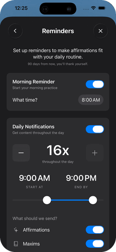 Reminder settings with a morning reminder at 8:00 AM and 16 notifications a day between 9:00 AM and 9:00 PM